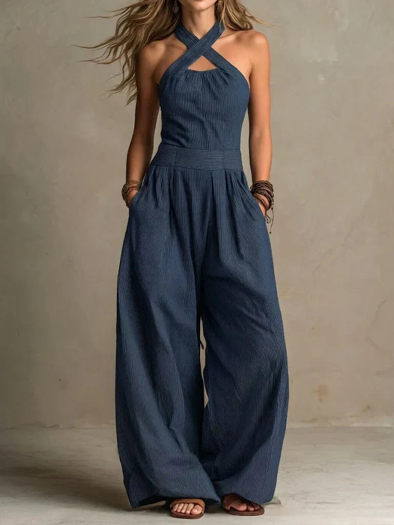 Bianca | Elegant linen and cotton jumpsuit with crossover neckline
